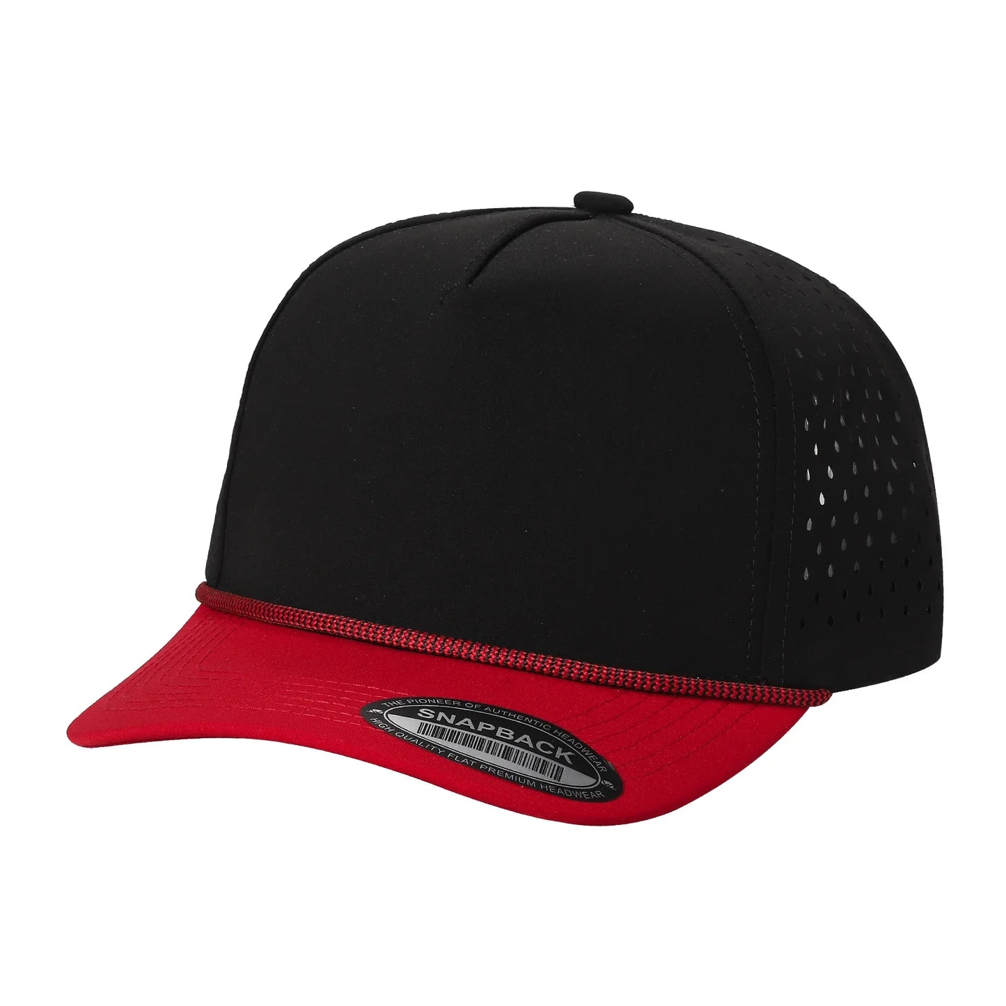 Black and red snapback cap with perforated sides and curved bill, wholesale baseball hat
