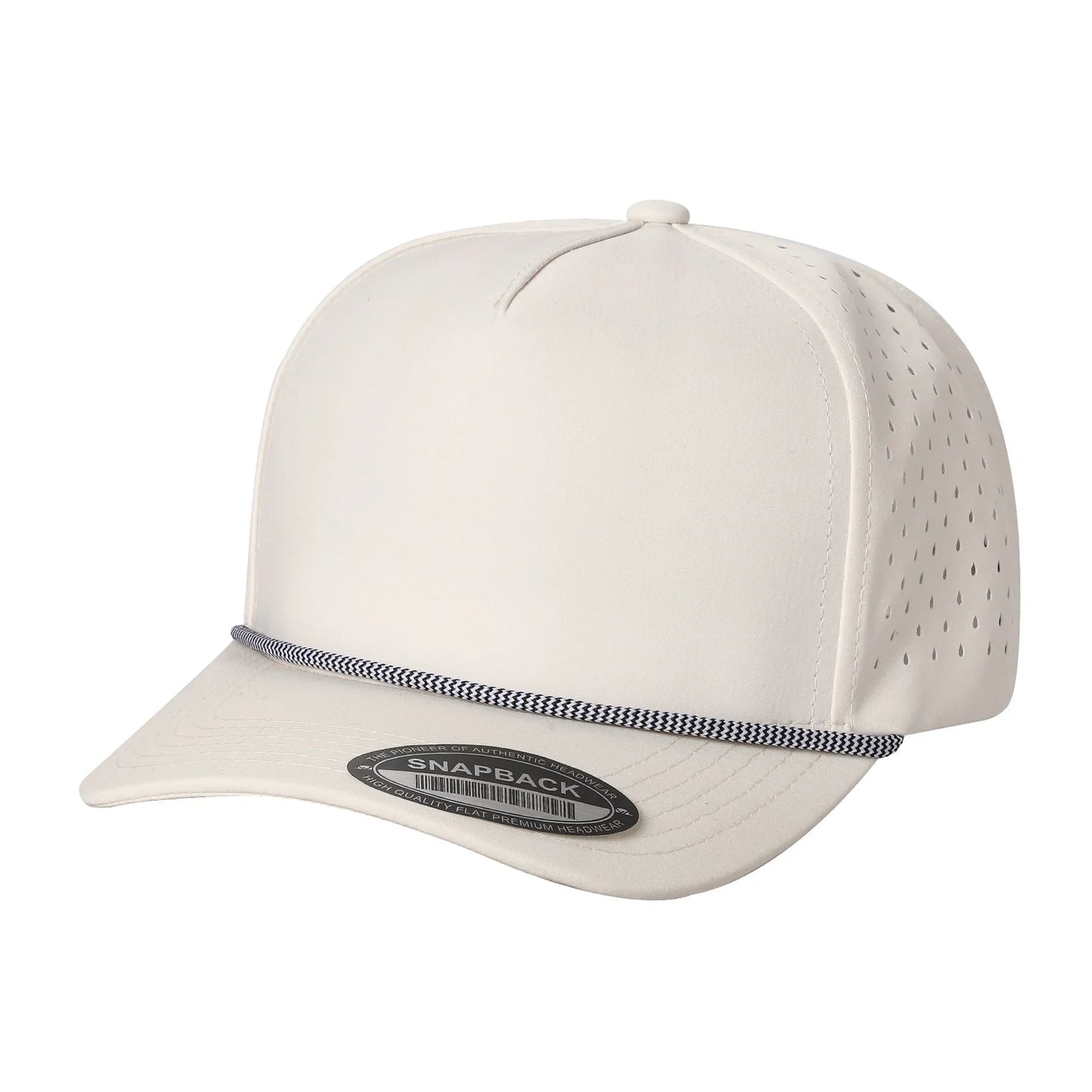 Beige snapback hat with perforated sides and black rope detail on visor