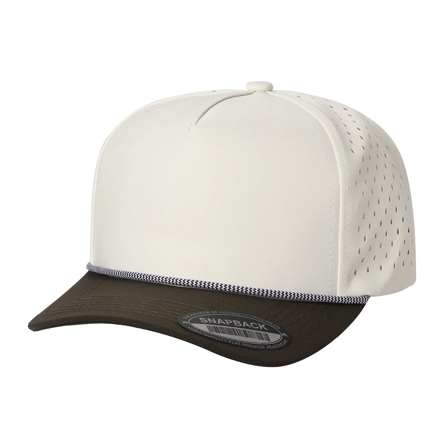 Two-tone snapback hat with white crown, brown flat bill, and perforated side panels