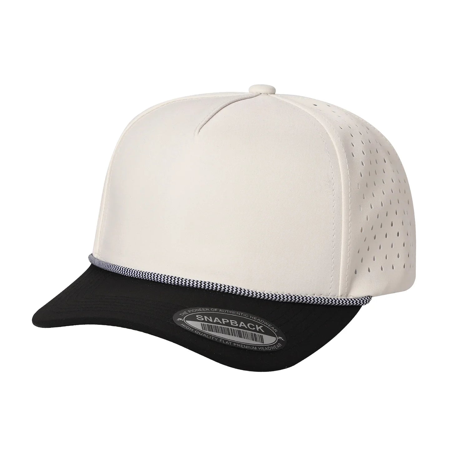 White and black snapback hat with perforated sides and a flat bill, wholesale cap
