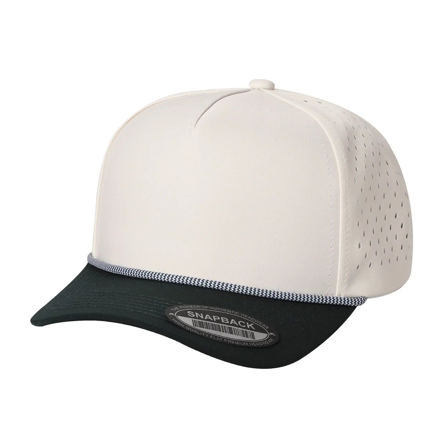 White perforated snapback trucker cap with black brim and sticker label