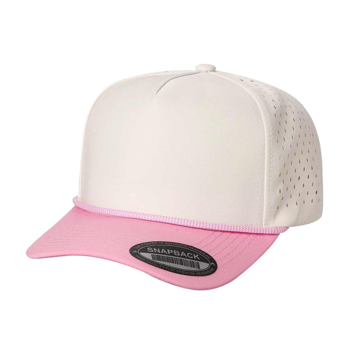 Two-tone snapback cap with white crown, pink curved visor, and perforated side panels.