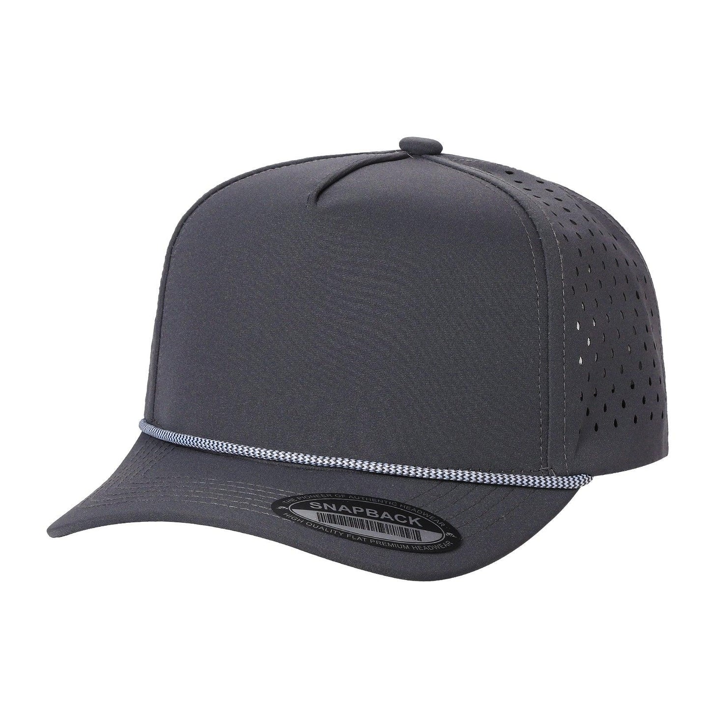 Dark gray snapback cap with perforated sides, flat brim, and rope detail on visor