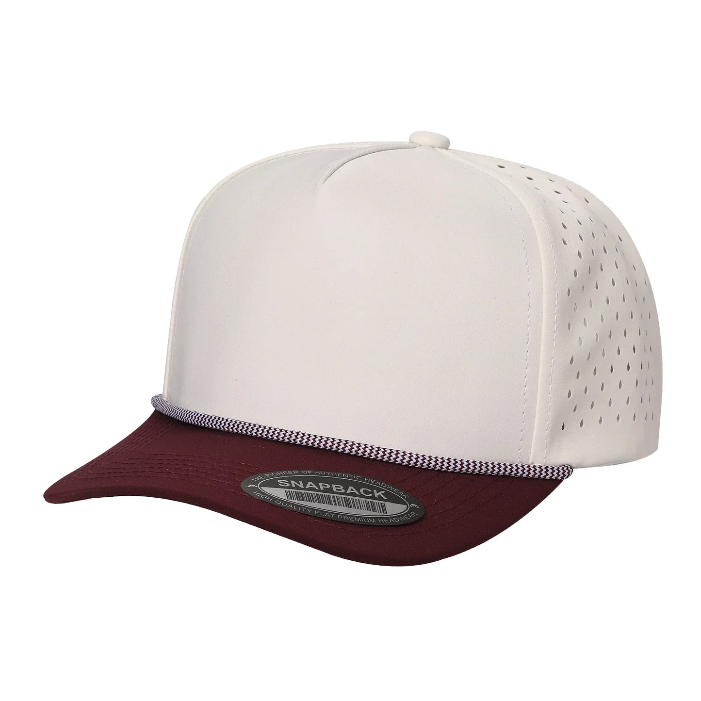 Two-tone snapback hat with maroon brim, white front panel, and perforated side panels.