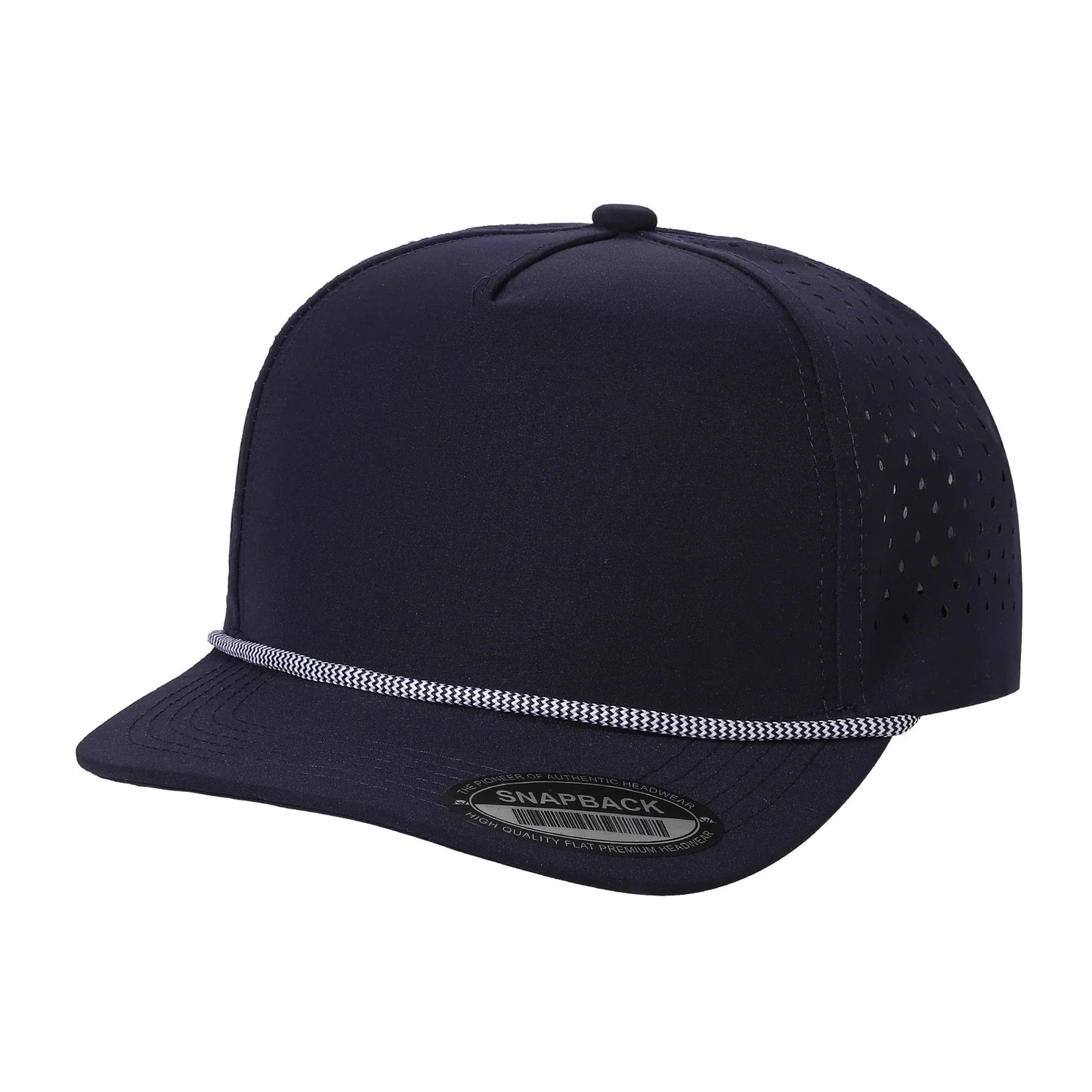 Navy blue snapback cap with perforated sides and decorative rope accent on brim