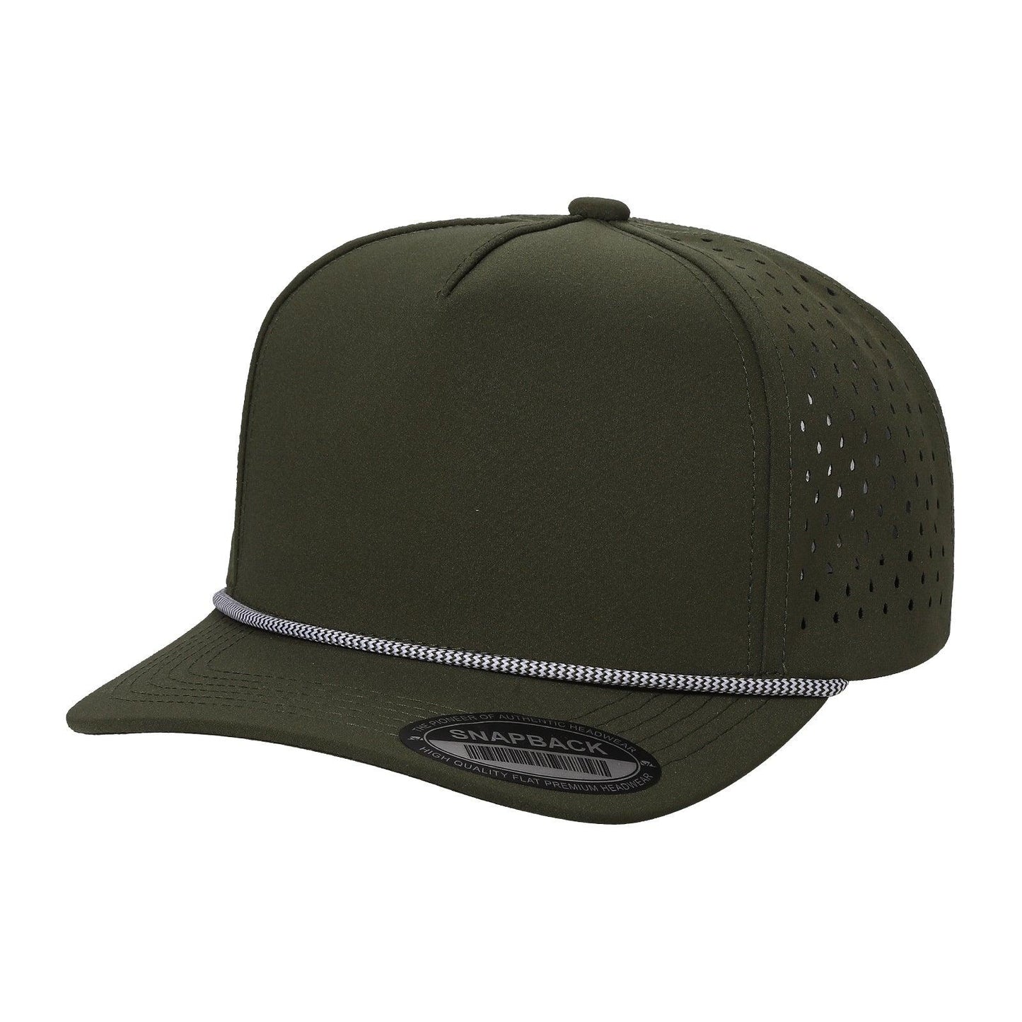 Olive green snapback flat bill cap with perforated side panels and rope detail on brim