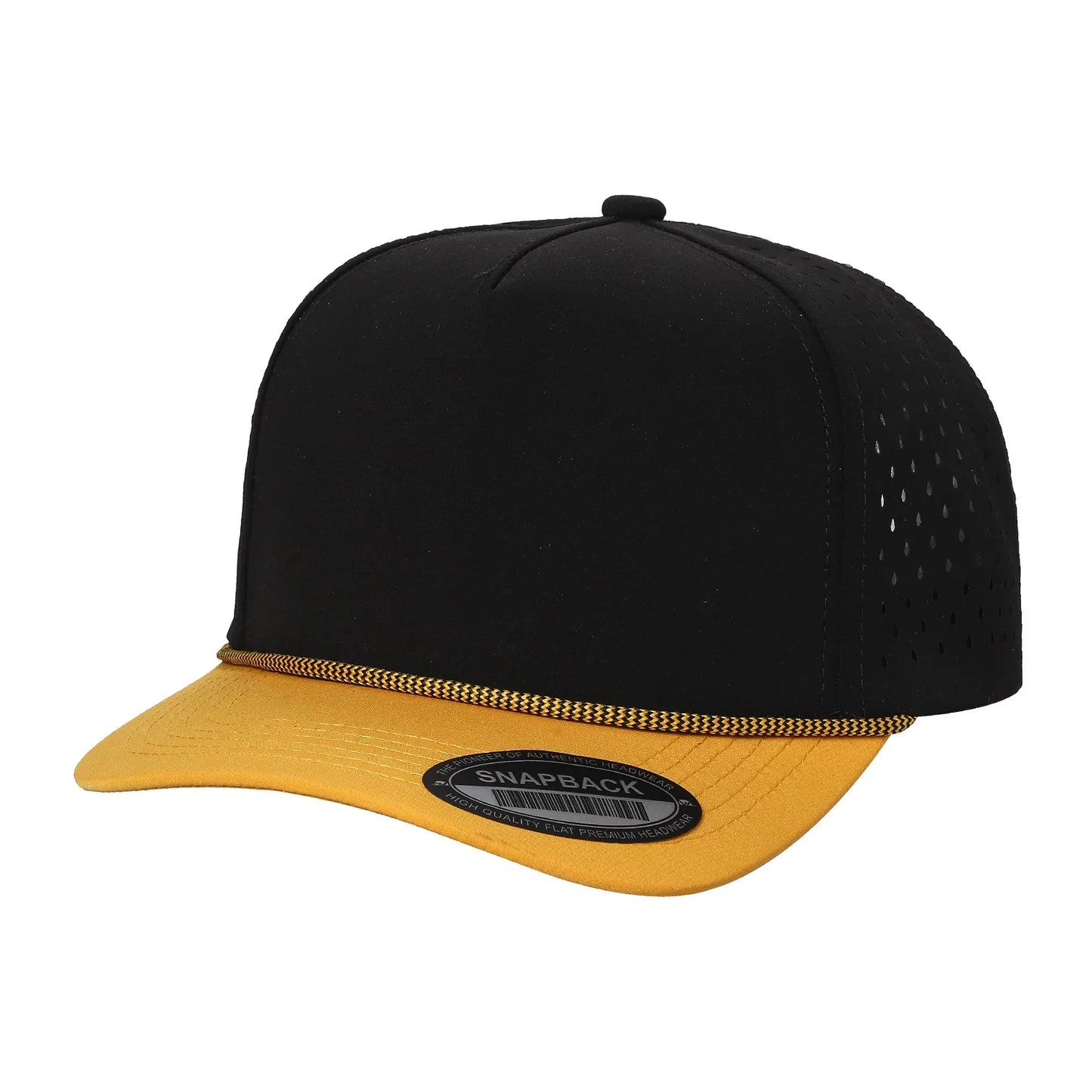 Black and yellow snapback trucker hat with perforated sides and flat bill, isolated on white.