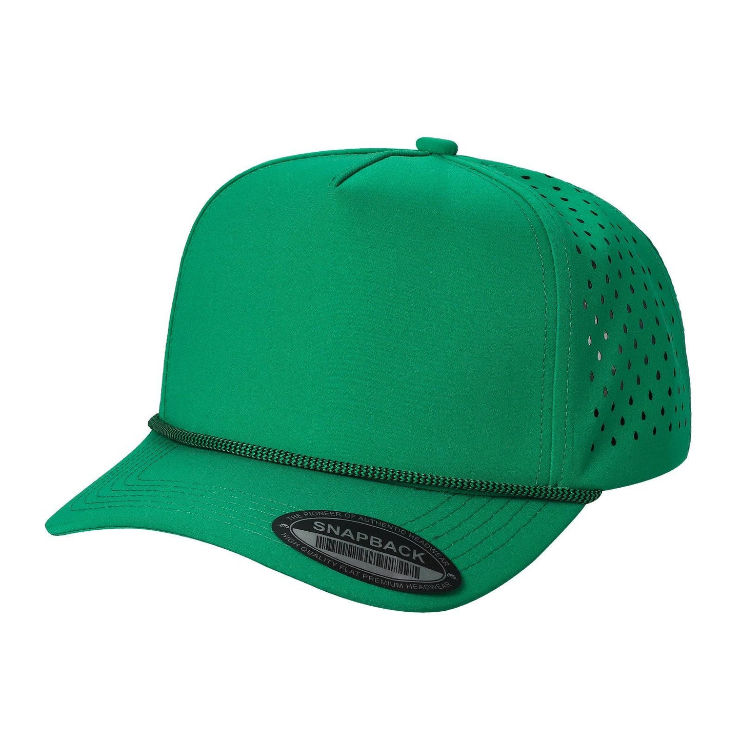 Green snapback trucker hat with perforated mesh sides and flat bill