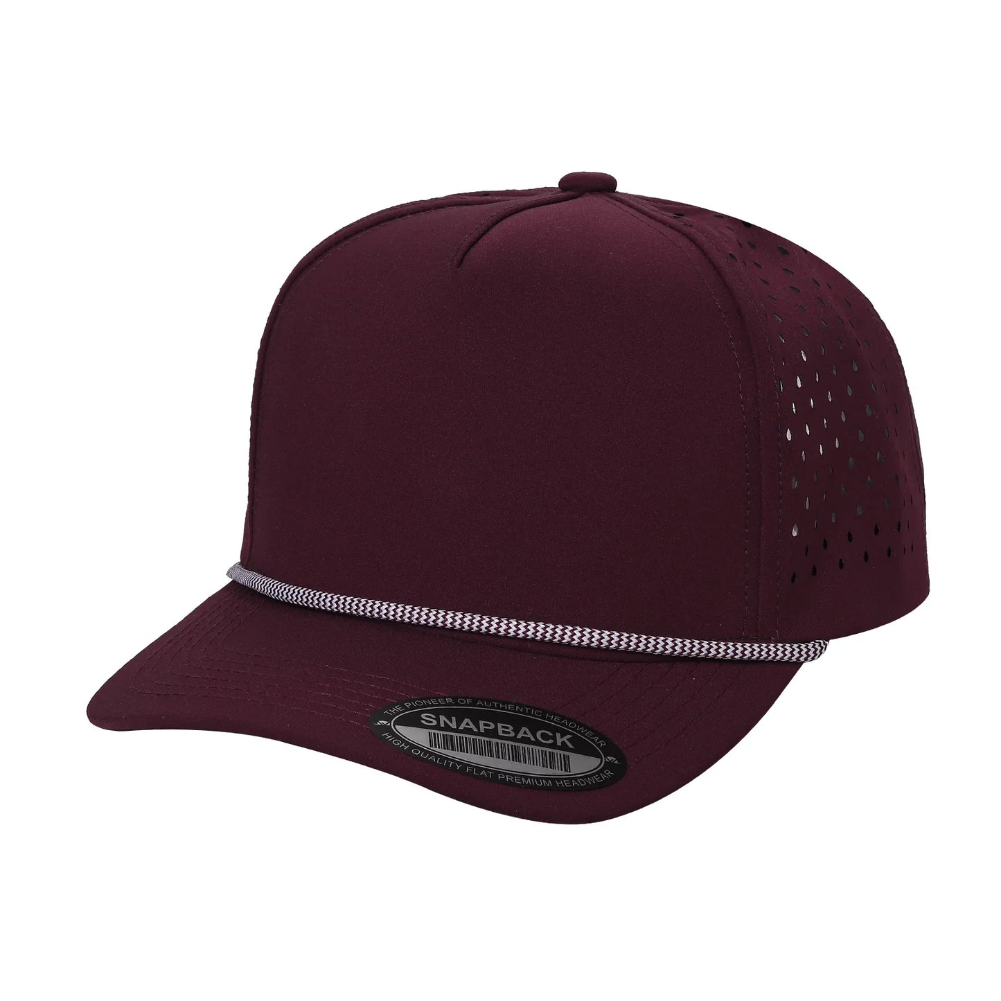 Burgundy snapback hat with perforated side panels and decorative rope across the brim