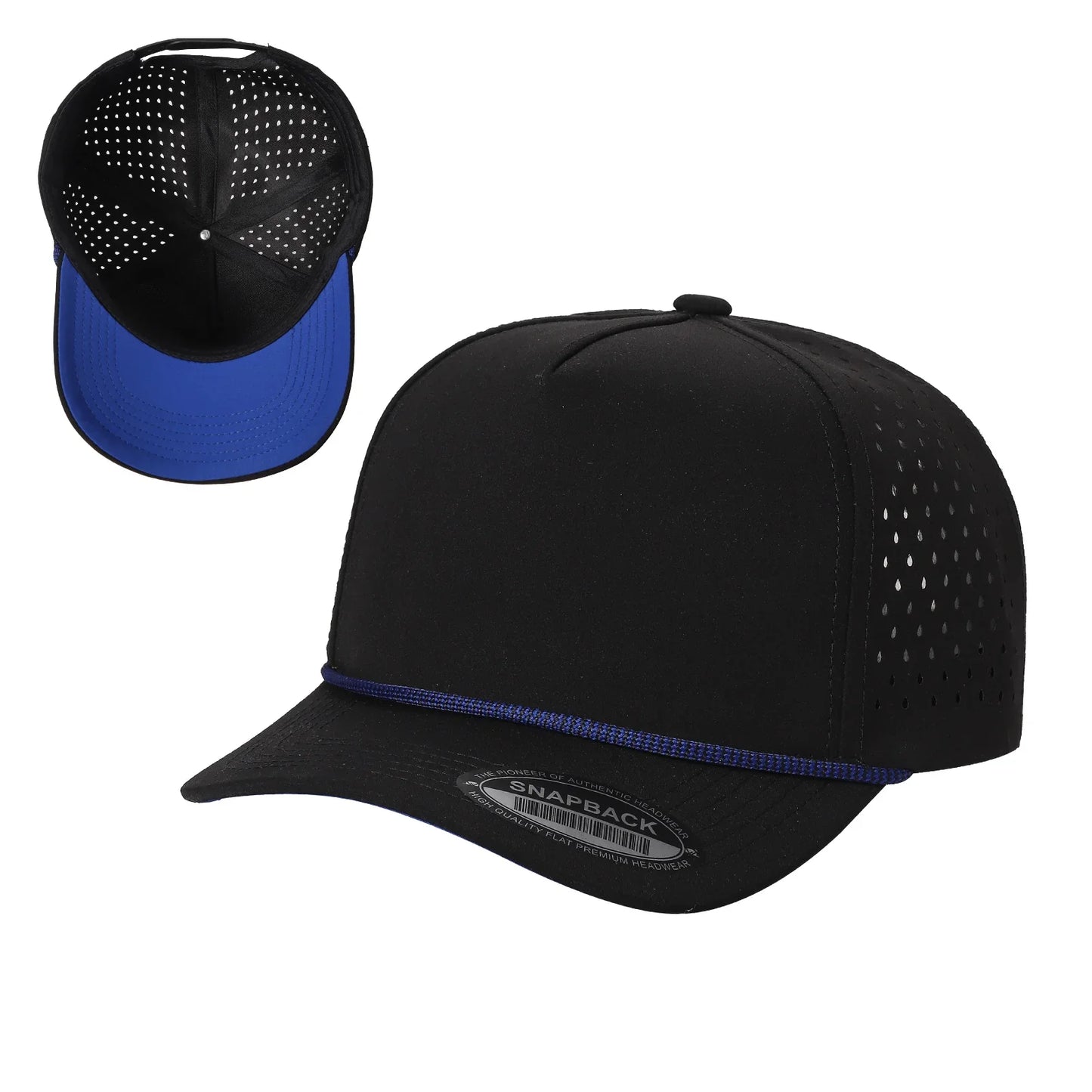 Black snapback cap with blue brim, breathable perforated sides, shown front and top view
