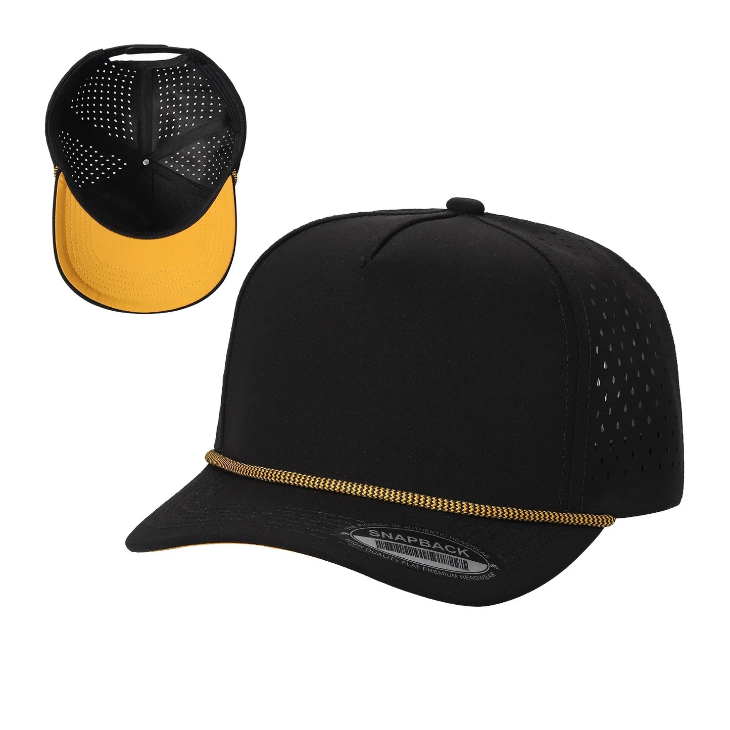 Black snapback hat with yellow brim, gold chain accent, and perforated sides