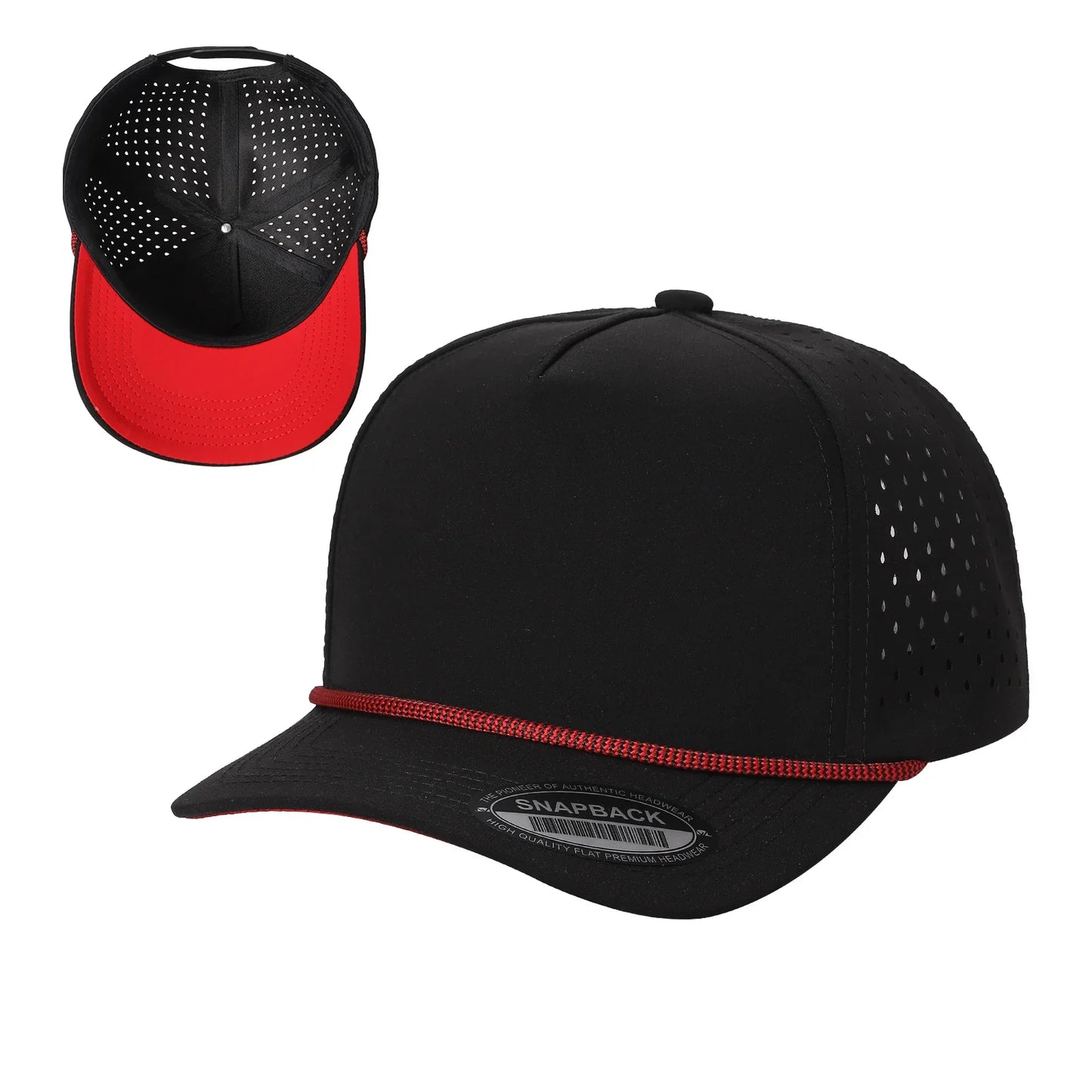 Black snapback baseball cap with red visor, perforated sides, and red accent rope