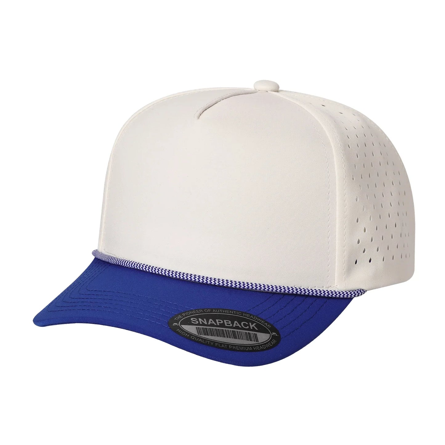 White and blue snapback trucker cap with perforated sides and sticker on flat bill