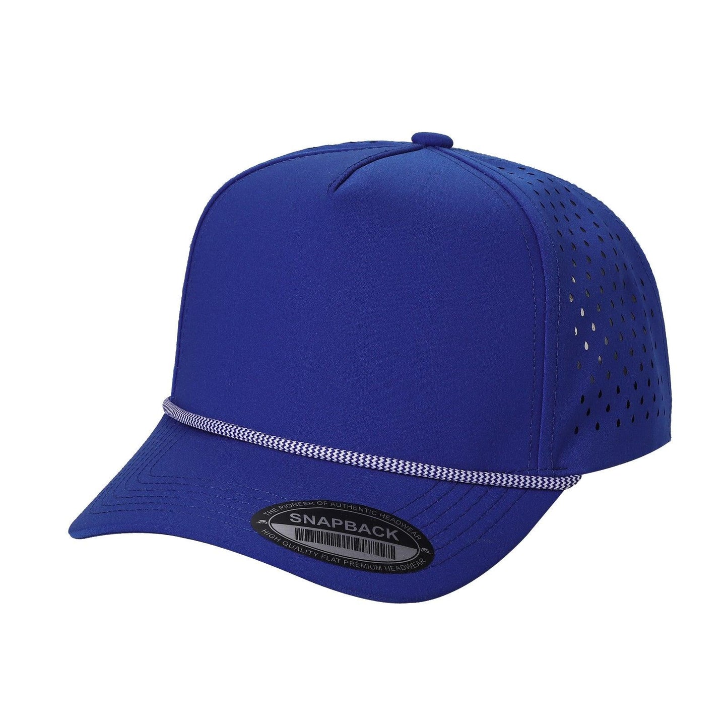 Royal blue snapback cap with perforated sides and a decorative rope on the bill