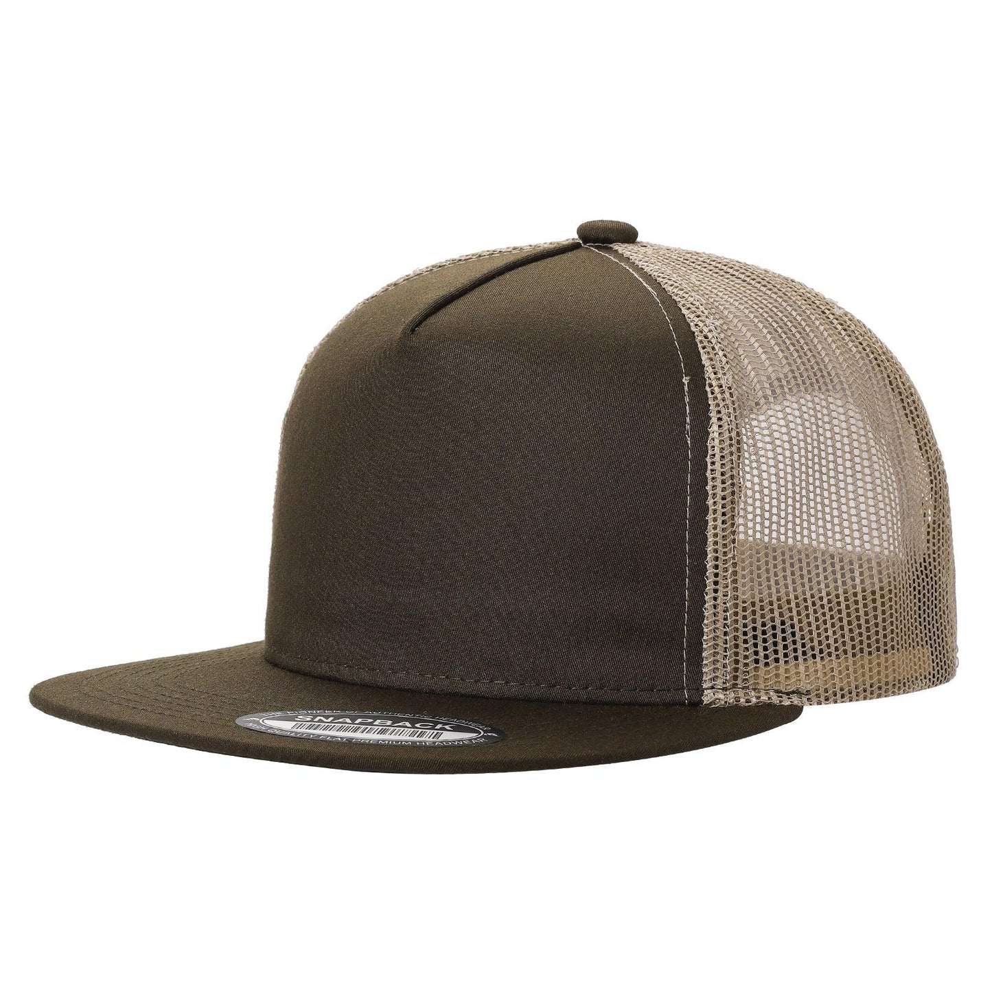 Olive khaki trucker hat with mesh back and flat brim, front view on white background