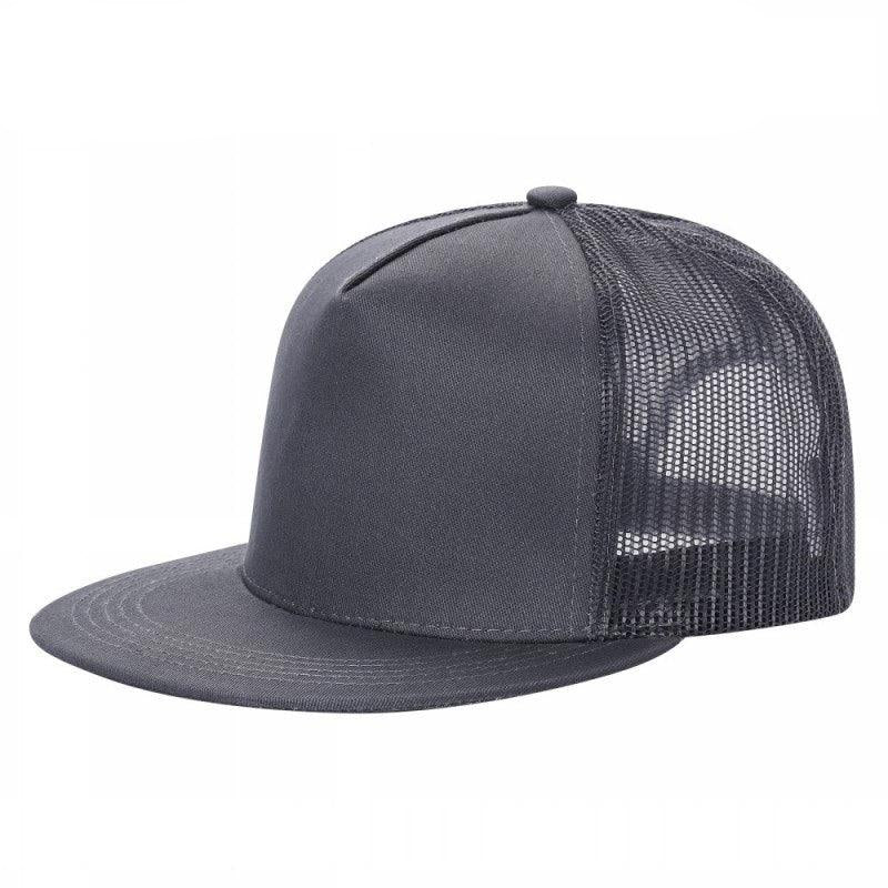Dark grey wholesale trucker hat with mesh back and flat brim, side view on white background