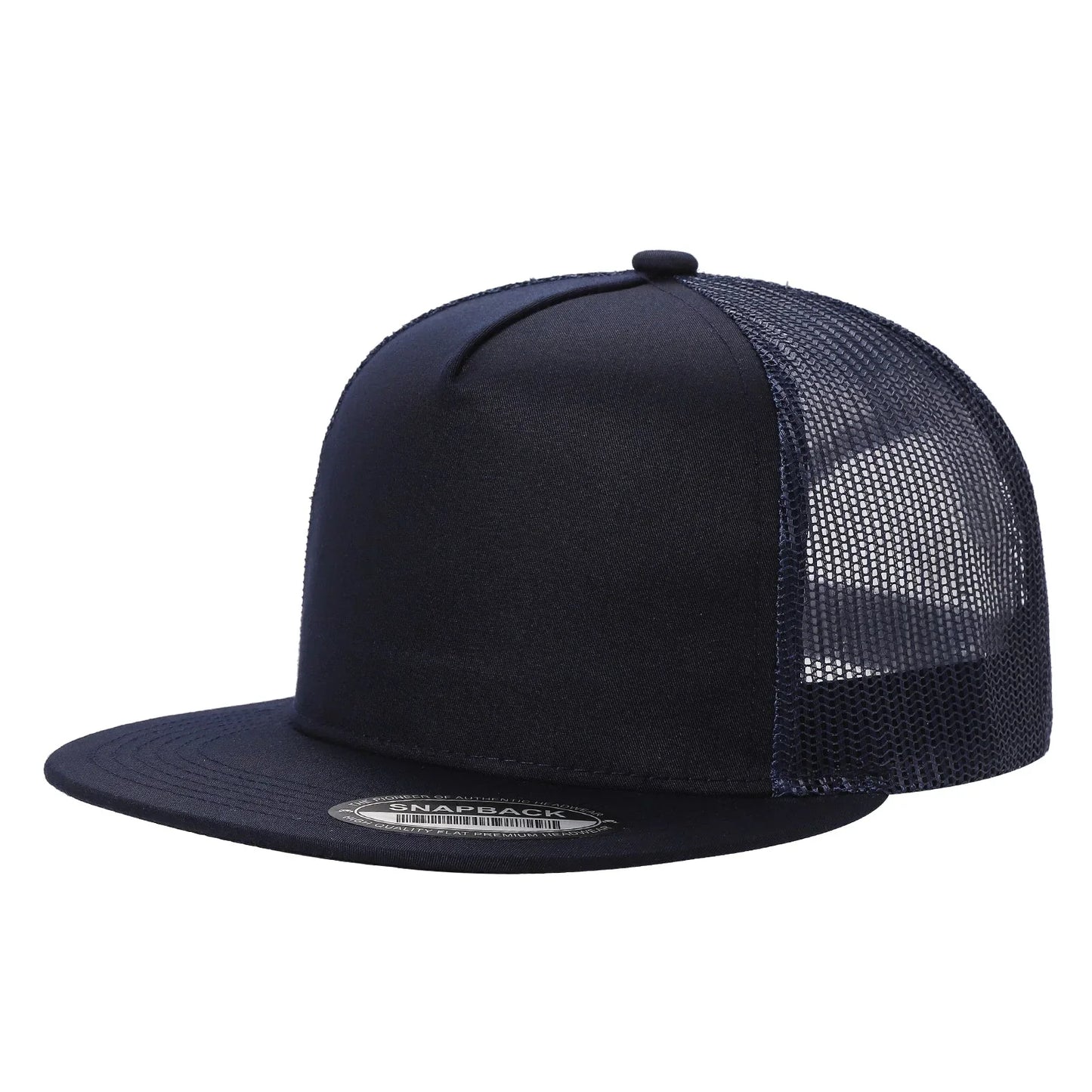 Navy blue trucker hat with mesh back and flat brim, wholesale snapback cap