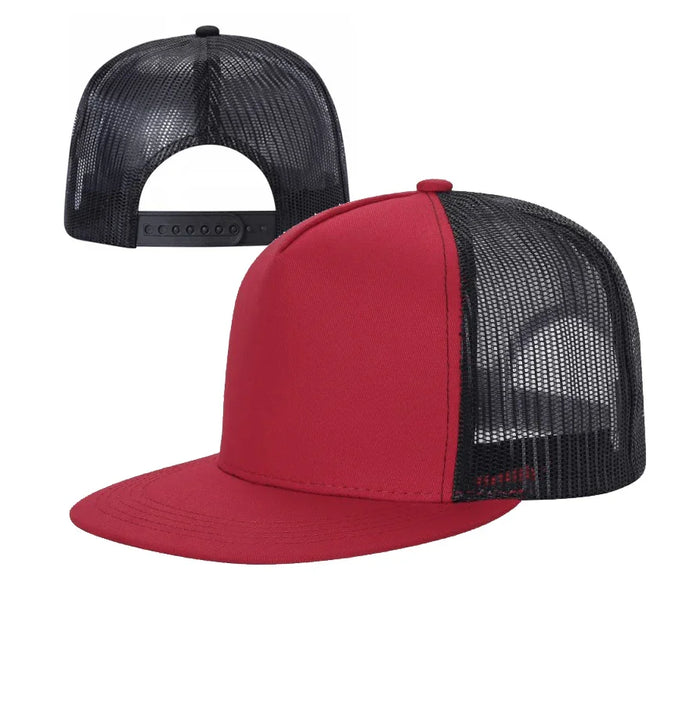Red and black mesh trucker hat with snapback closure, front and back view