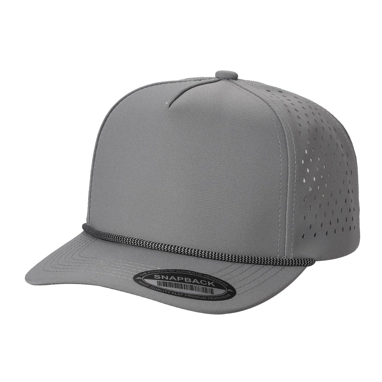 Gray snapback trucker hat with perforated side panels and rope accent, front view