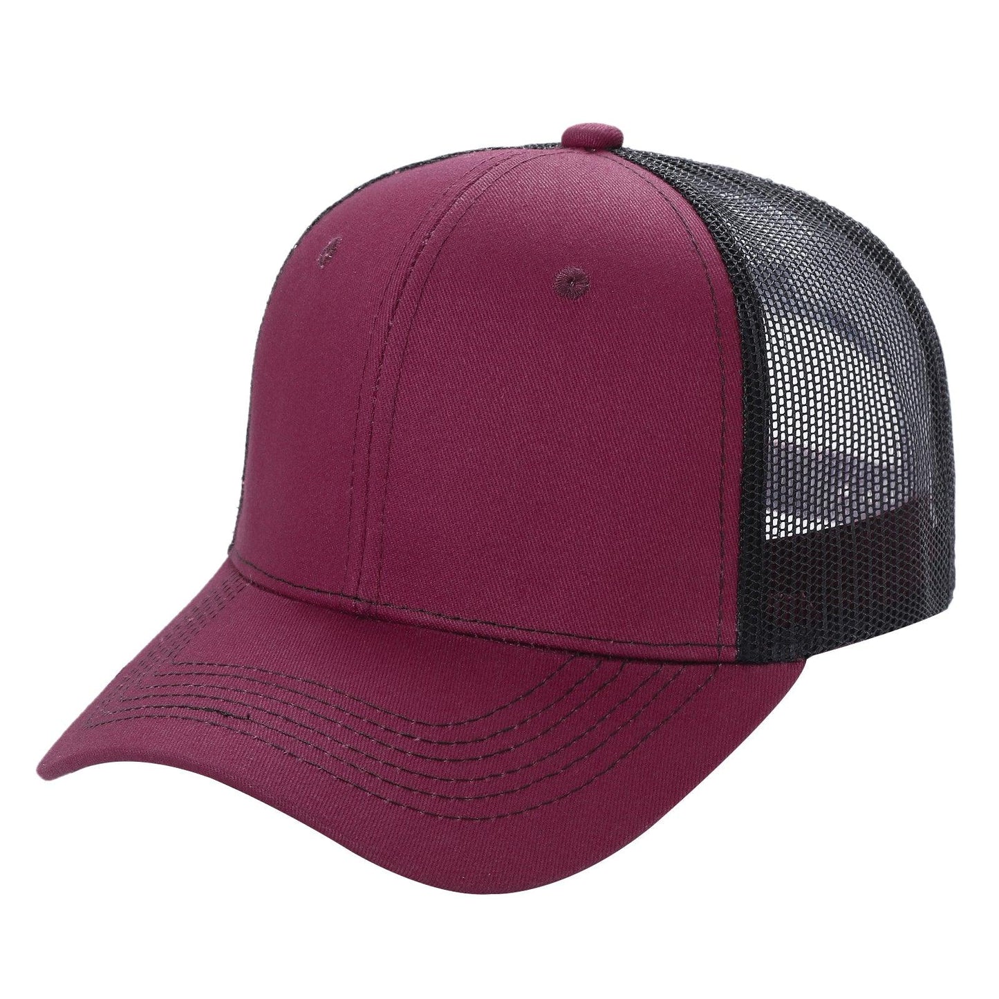 Burgundy and black mesh trucker cap with curved bill, wholesale hat front view