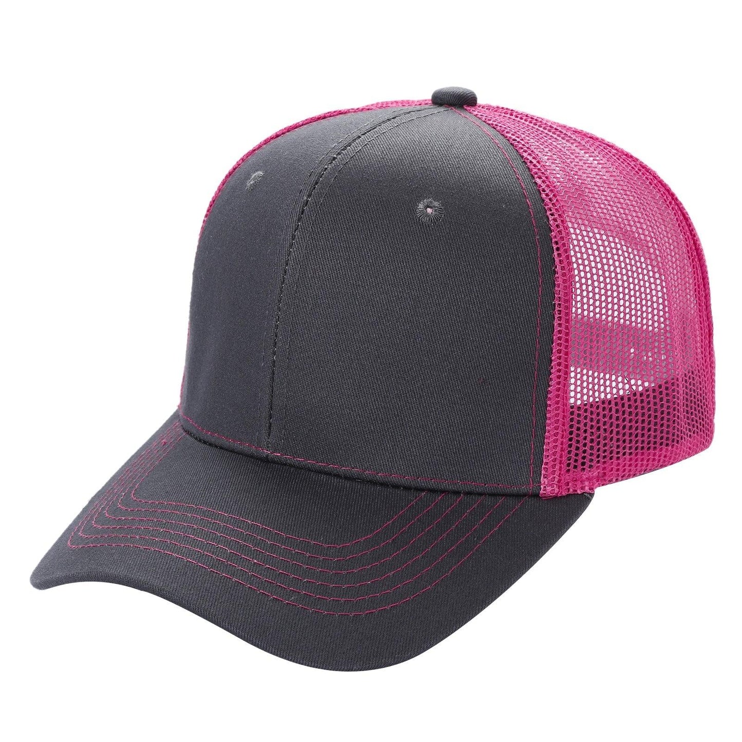 Charcoal and pink trucker cap with mesh back and curved brim, wholesale baseball hat