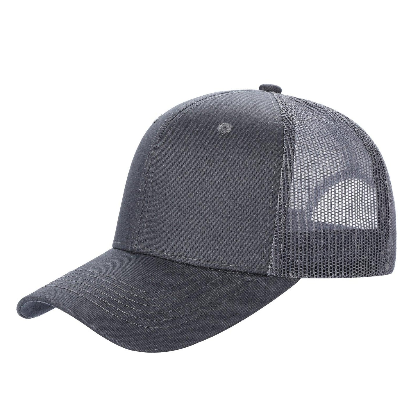 Charcoal gray trucker hat with mesh back and curved brim, plain front panel
