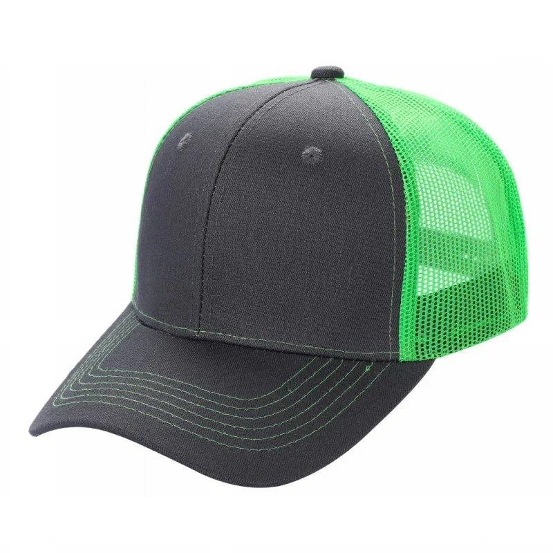 Dark grey and neon green trucker hat with mesh back and curved bill