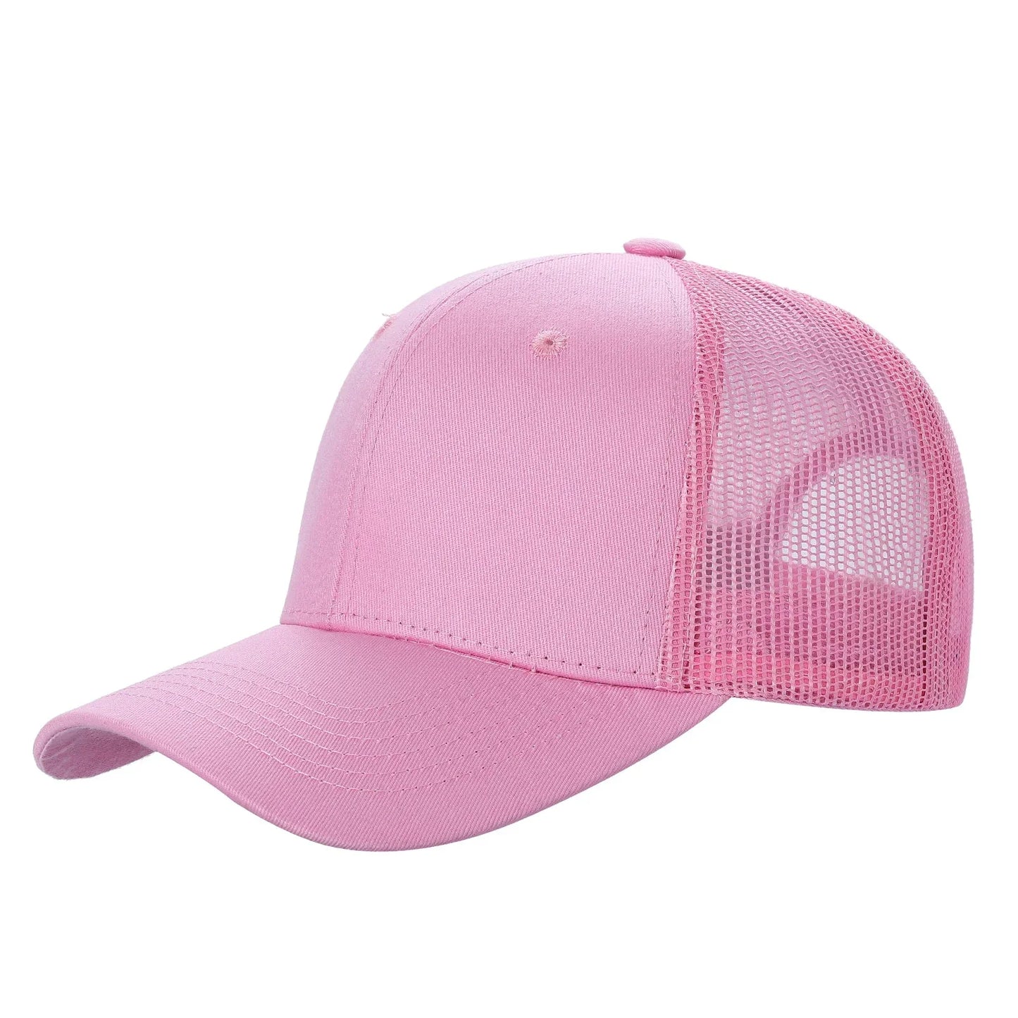 pink trucker hat with mesh back and curved brim on white background