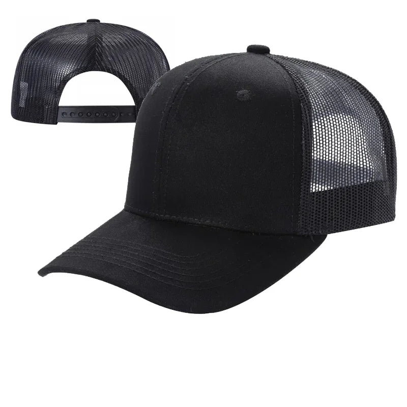 Black mesh trucker hat with adjustable snapback, wholesale unisex baseball cap