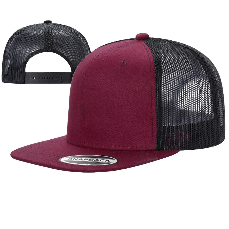 Burgundy and black mesh trucker snapback cap with flat brim, shown front and back
