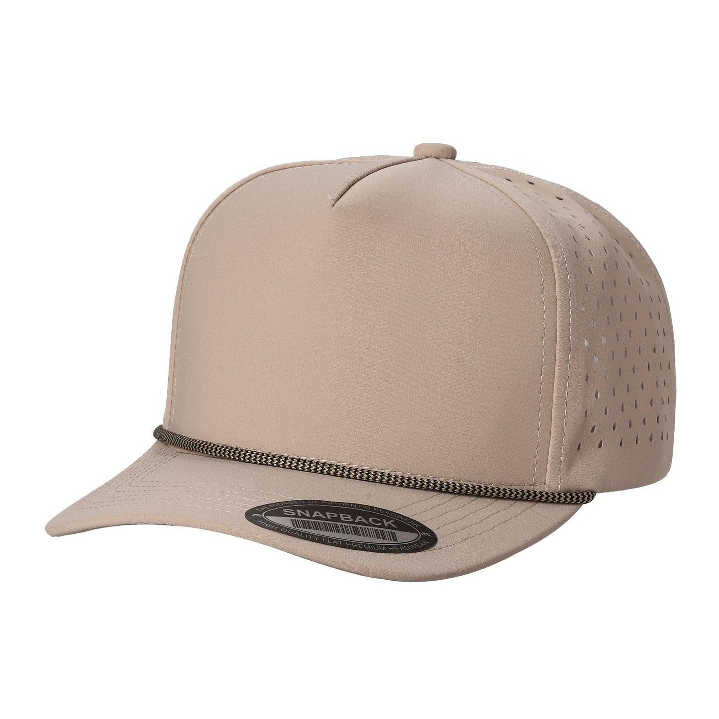Beige snapback trucker hat with perforated side panels and braided rope detail
