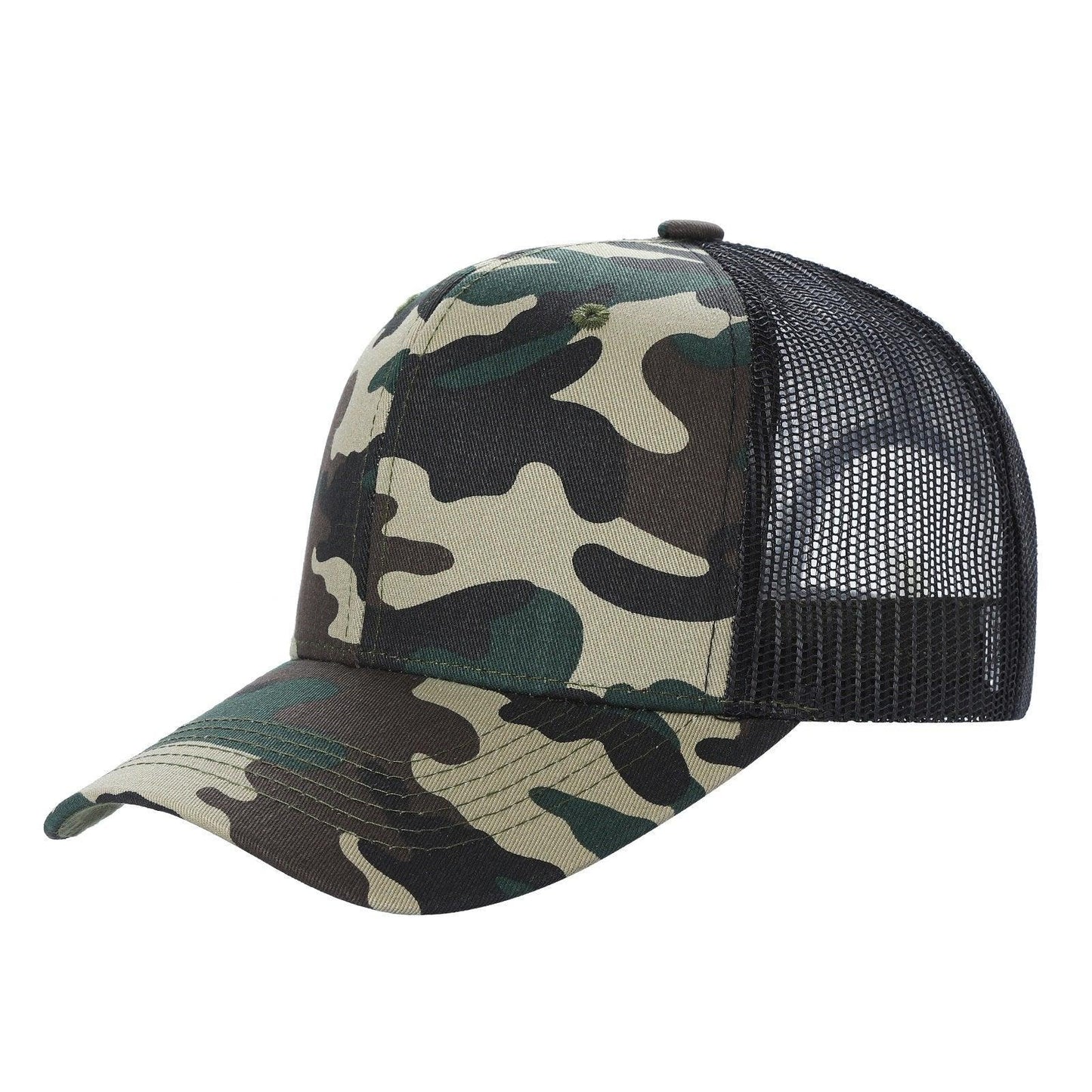 Camo and black mesh trucker hat with curved brim, six-panel design, side view