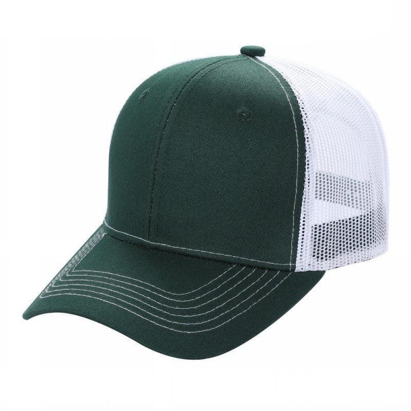 Green and white mesh trucker hat with curved brim and six-panel design