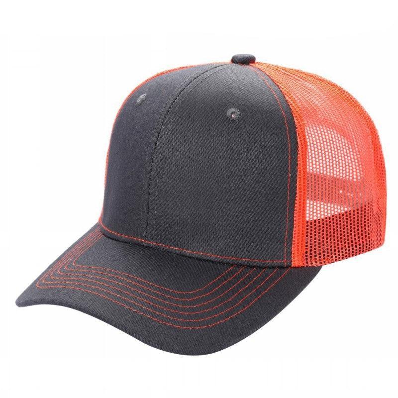 Two-tone trucker hat with dark gray front panels, orange mesh back, and curved brim