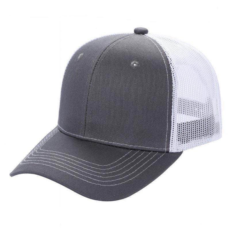 Two-tone gray and white mesh trucker hat with curved bill and six-panel design