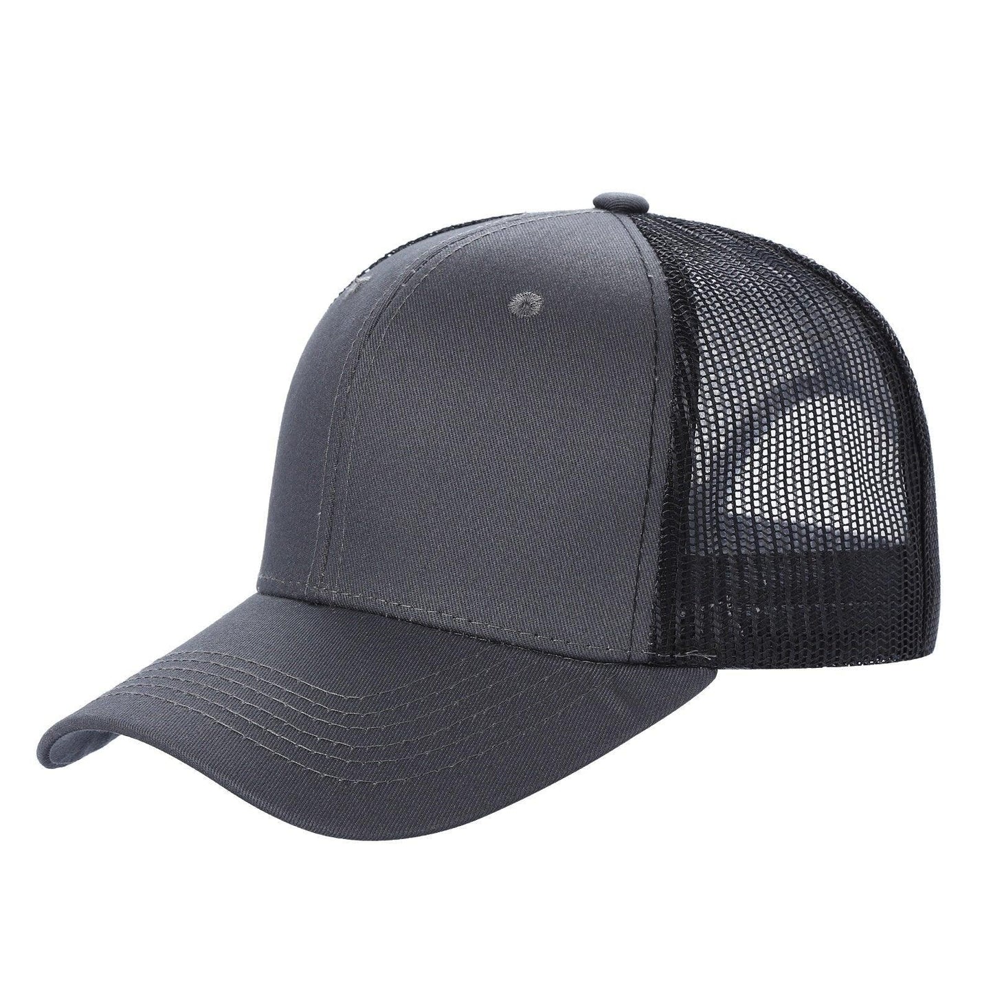 Two-tone black mesh trucker hat with curved brim and solid front panel, side view