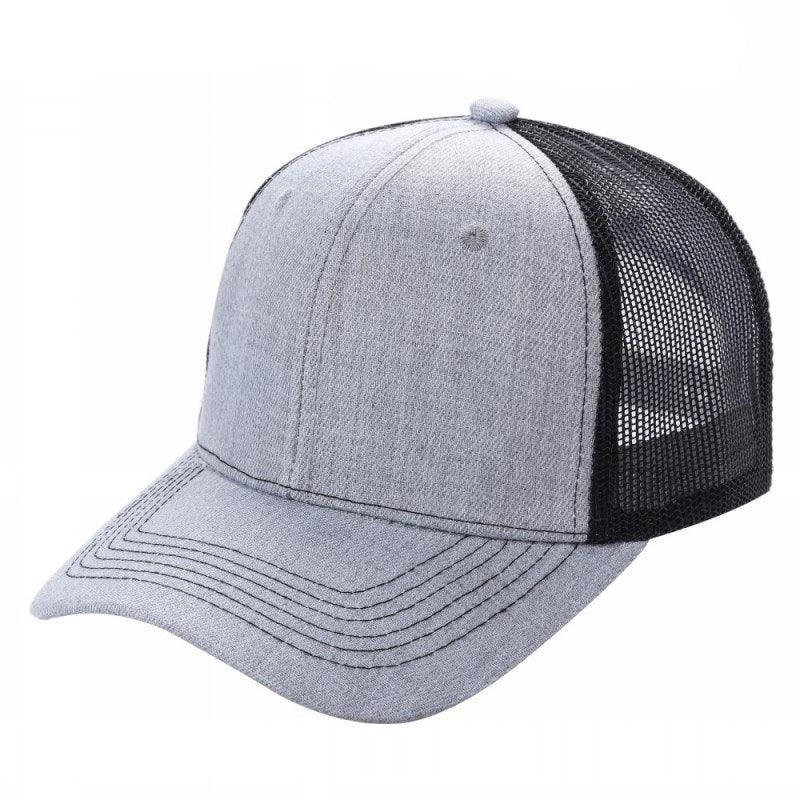 Two-tone 6 panel curved brim trucker cap with grey front and black mesh back