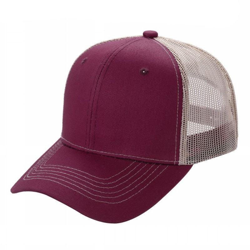Two-tone maroon and beige mesh trucker hat with curved bill and six-panel design