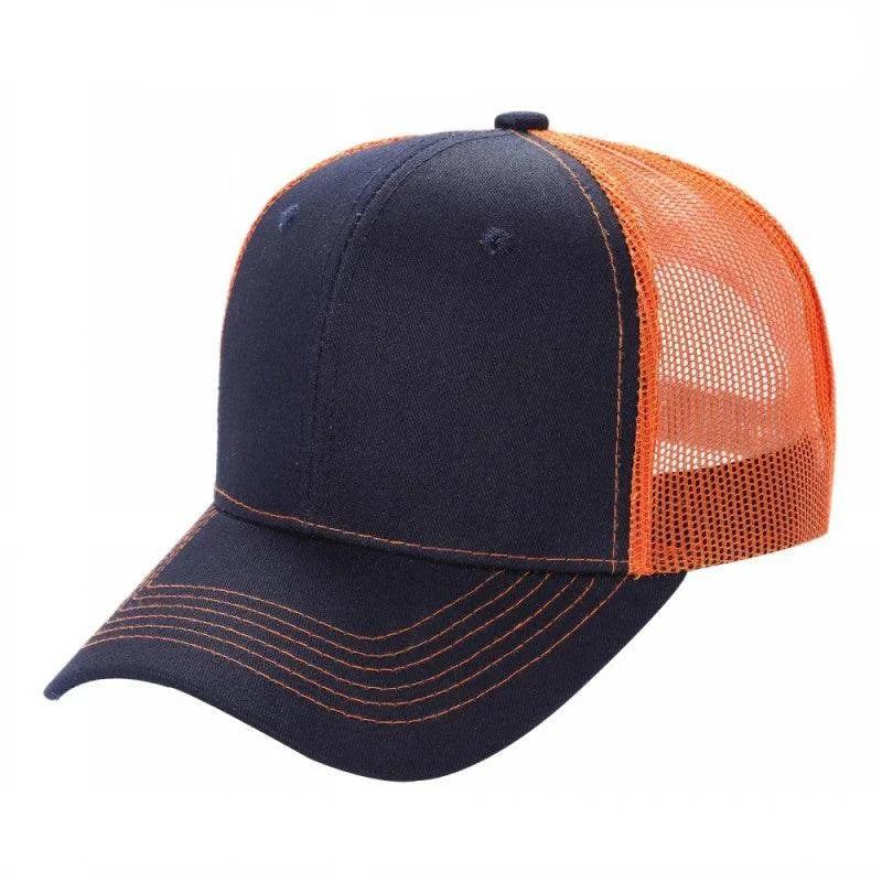 Two-tone navy and orange 6-panel curved trucker cap with mesh back and contrast stitching.
