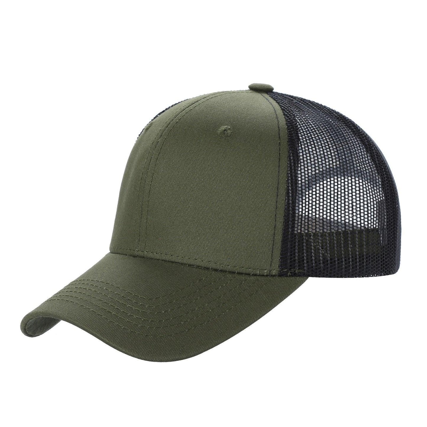 Olive green 6-panel curve brim trucker mesh hat with black mesh back
