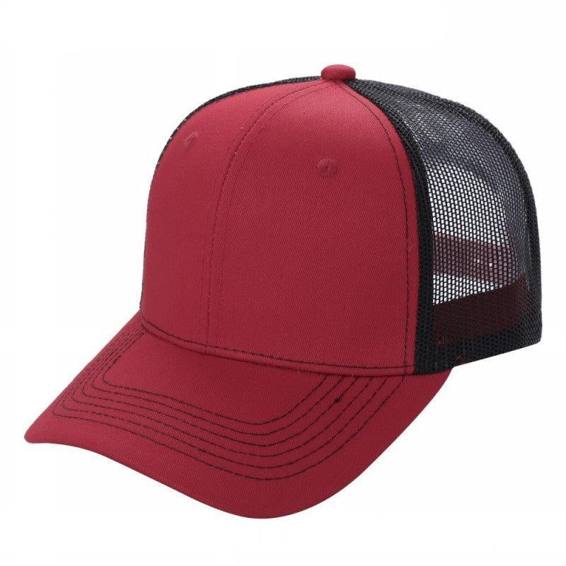 Red and black two-tone 6 panel curved trucker mesh hat, wholesale headwear.
