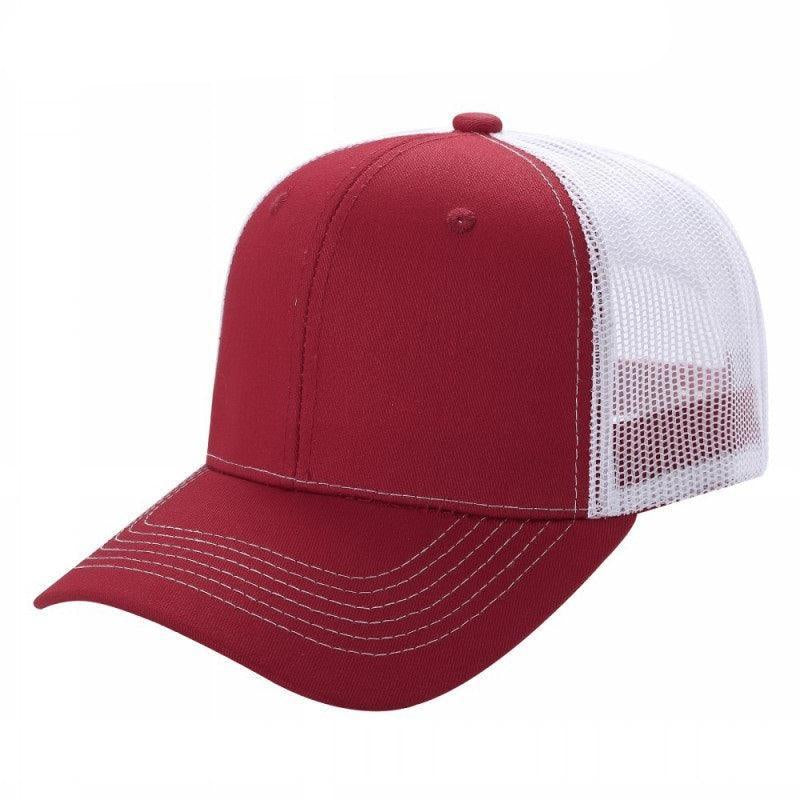 Red and white two-tone trucker mesh cap with curved bill and white stitching.
