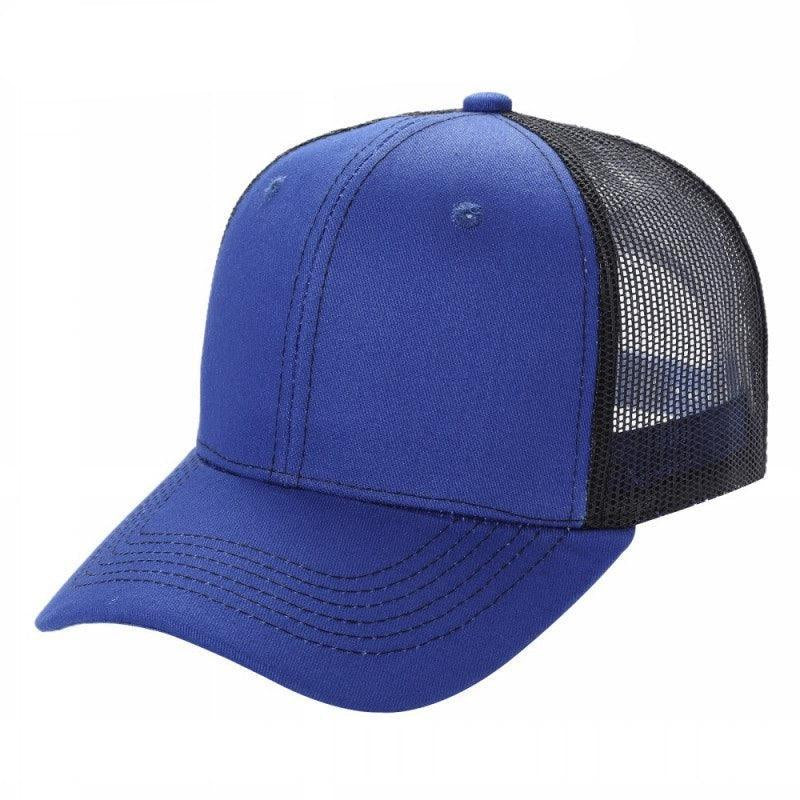 Royal blue and black 6-panel curved trucker mesh cap with black mesh back