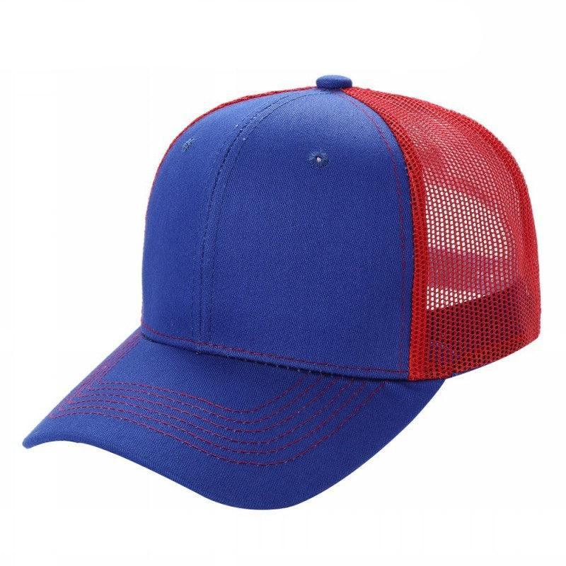 Blue and red two-tone 6 panel trucker hat with curved brim and mesh back