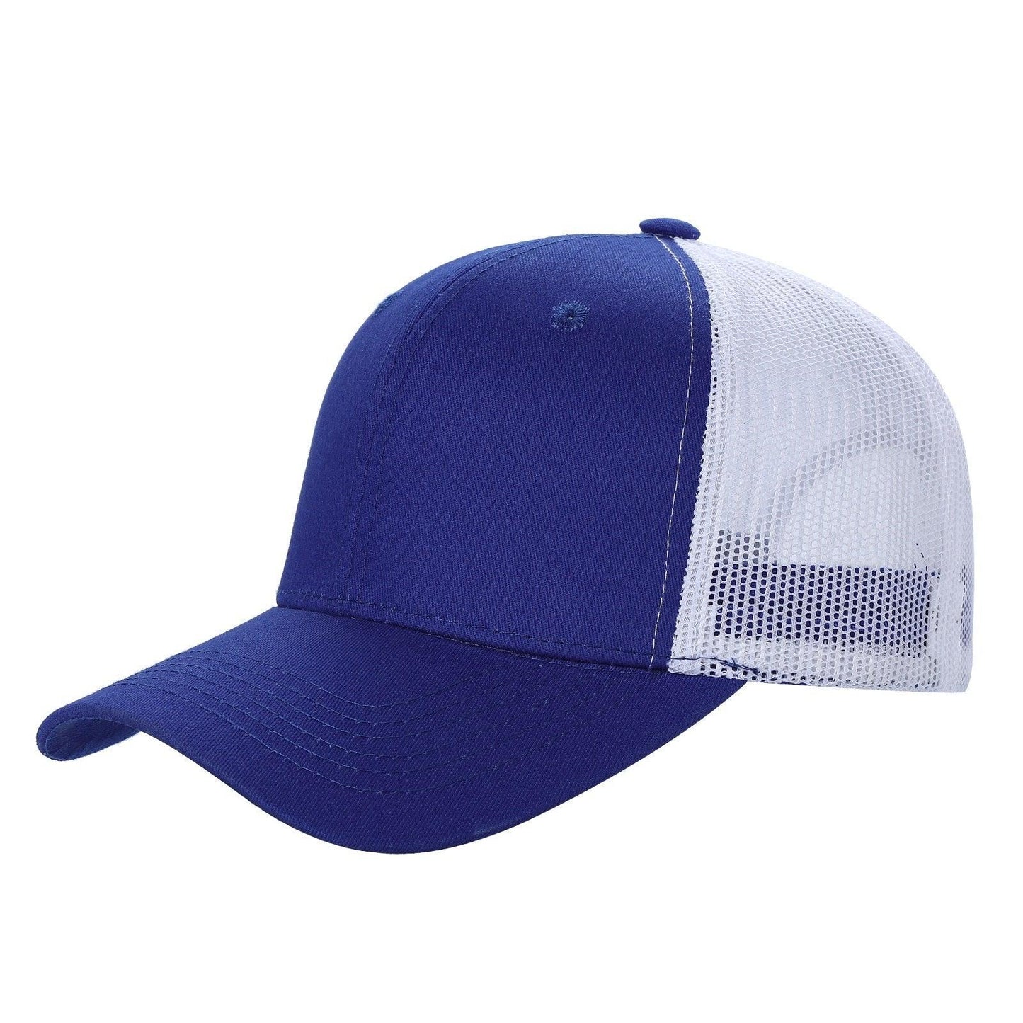 Royal blue and white two-tone mesh trucker hat with curved bill, six panels, side view