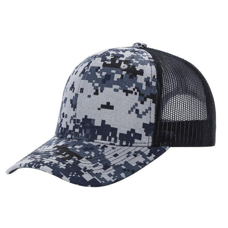 Navy digital camo and black mesh trucker hat with curved brim, six-panel design