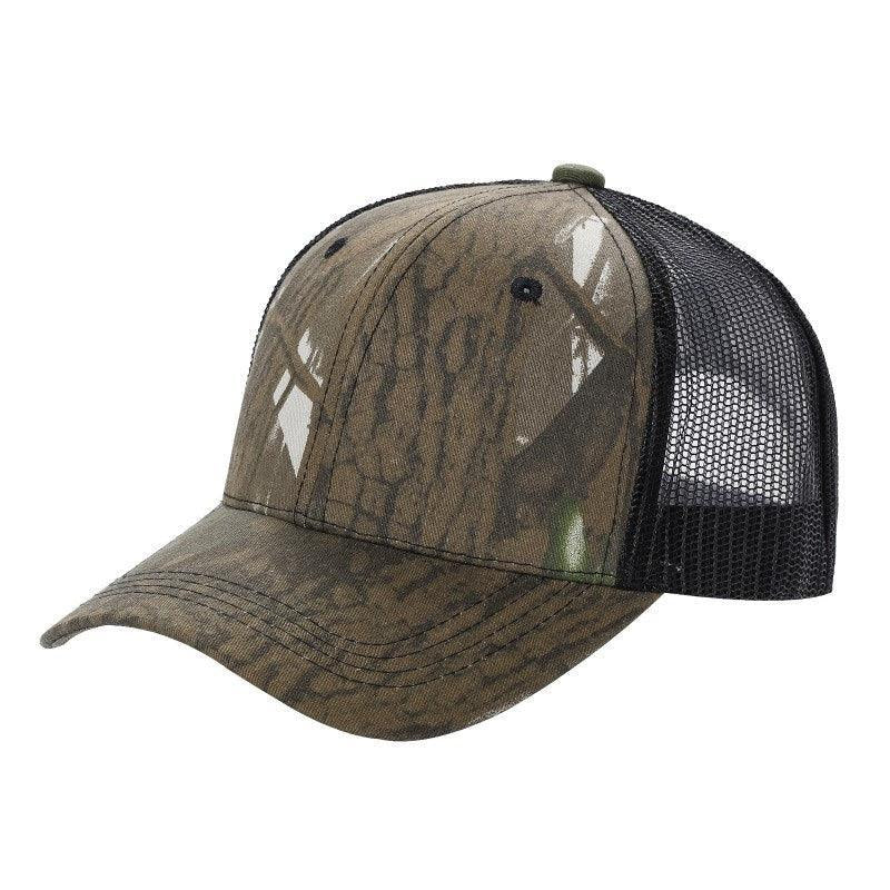 Camo and black mesh trucker hat with curved bill and six-panel design on white background