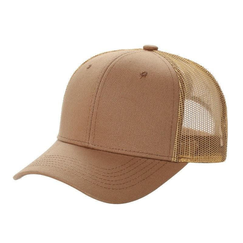 Khaki 6-panel curved trucker mesh hat with solid front, side view on white background
