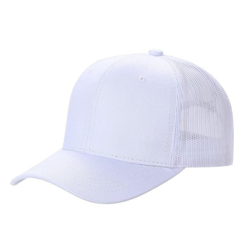White 6-panel curved brim trucker mesh hat with ventilated back, wholesale headwear