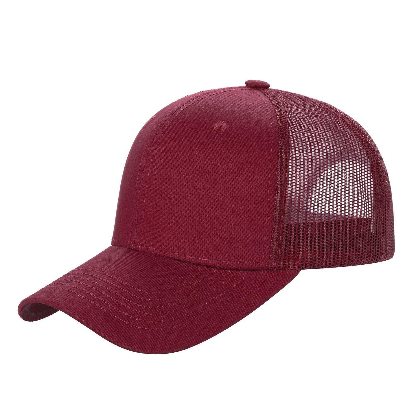 Wine red 6-panel mesh trucker hat with curved brim, wholesale pricing info above.